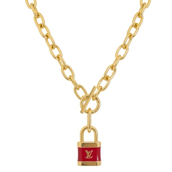 Upcycled Louis Vuitton Jewelry - LV Red Padlock Charm Pendant Upcycled Gold Chunky Link Chain Statement Necklace
